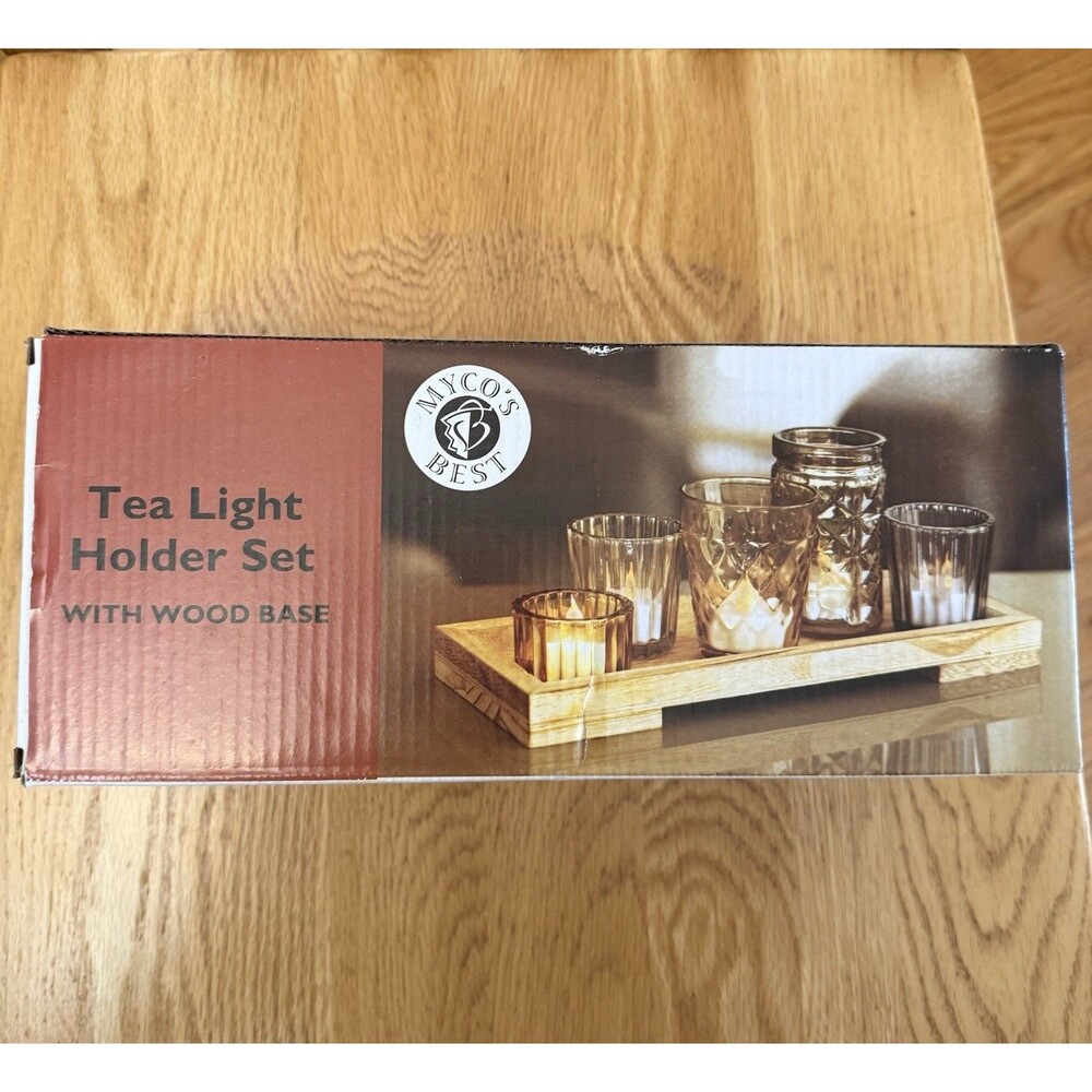 Myco’s Best 5 Brown Glass Tea light Holder Set With Wooden Base New In Box